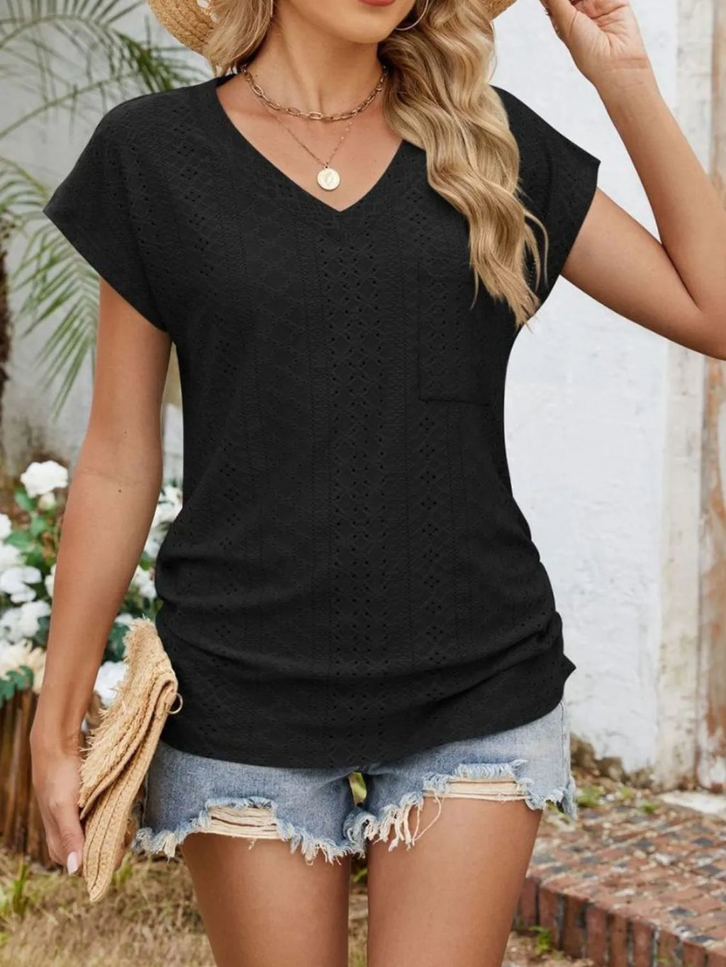 Eyelet V-neck Short Sleeve Top (32)