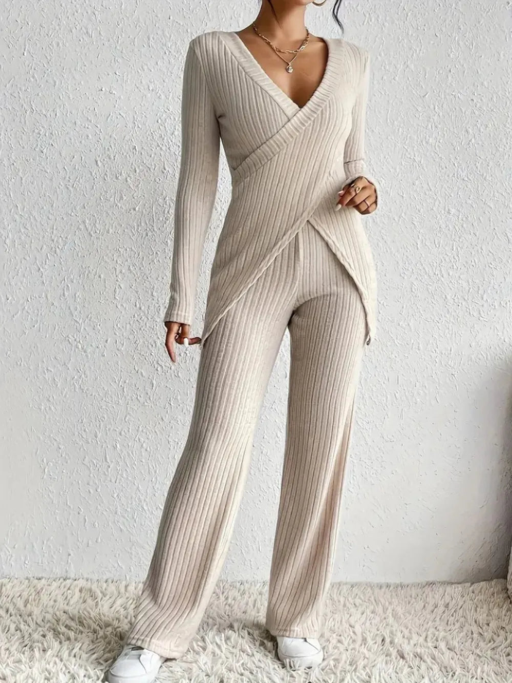 Surplice Long Sleeve Top Pants Set