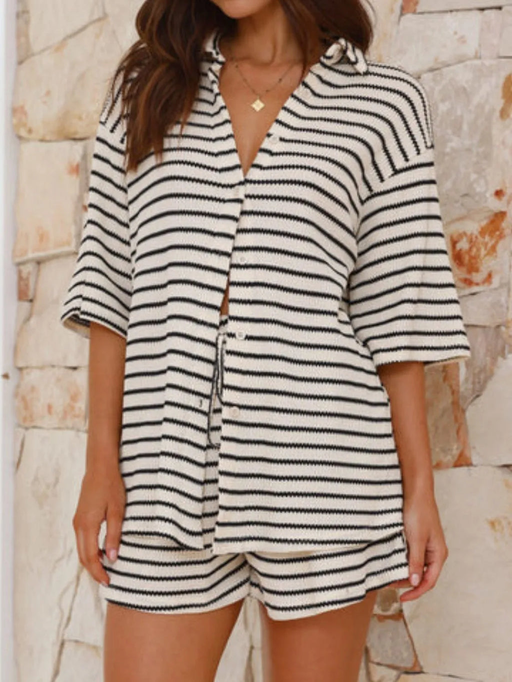 Striped Half Sleeve Top Shorts Set (5)
