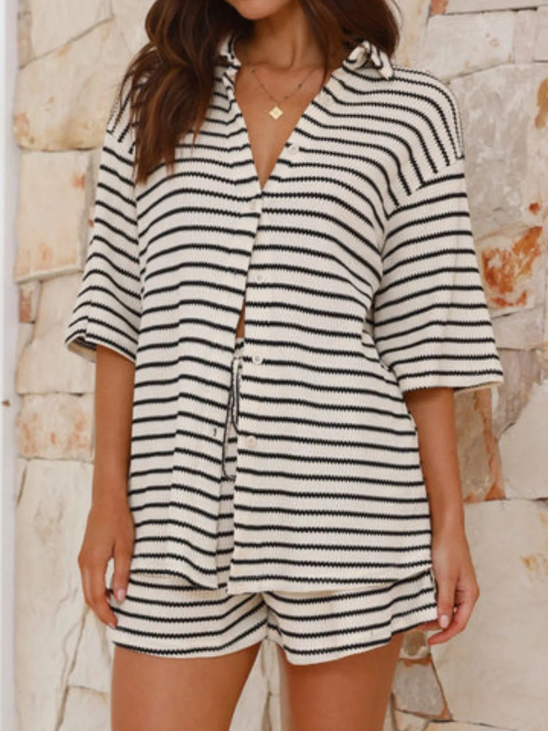 Striped Half Sleeve Top Shorts Set (5)