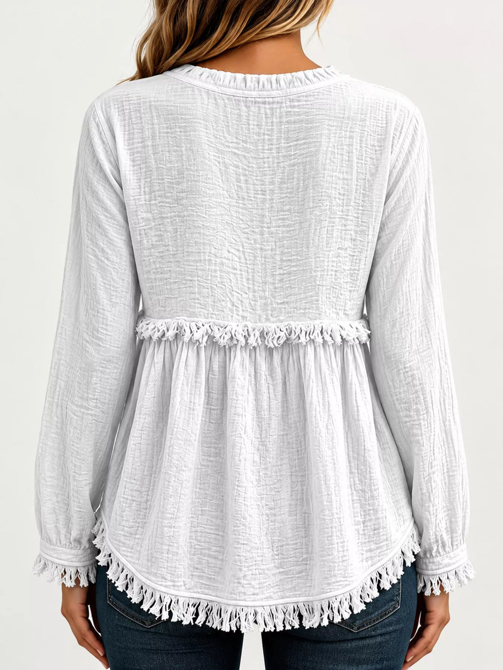 Full Size Frayed Hem Button Detail Blouse Plus (48)