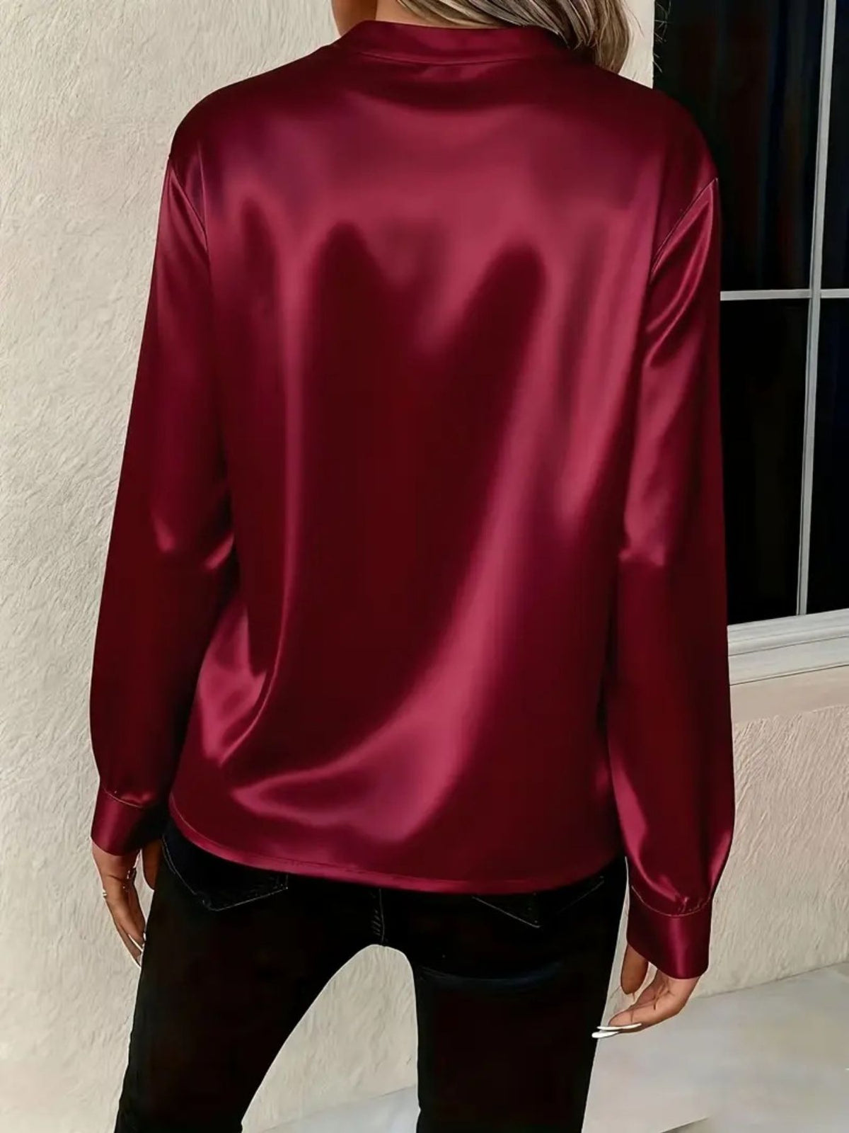 Satin Notched Long Sleeve Blouse (8)