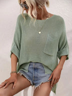 Boat Neck Cuffed Sleeve Slit Tunic Knit Top (3)