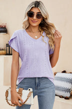 Eyelet V-neck Petal Sleeve T-shirt (26)