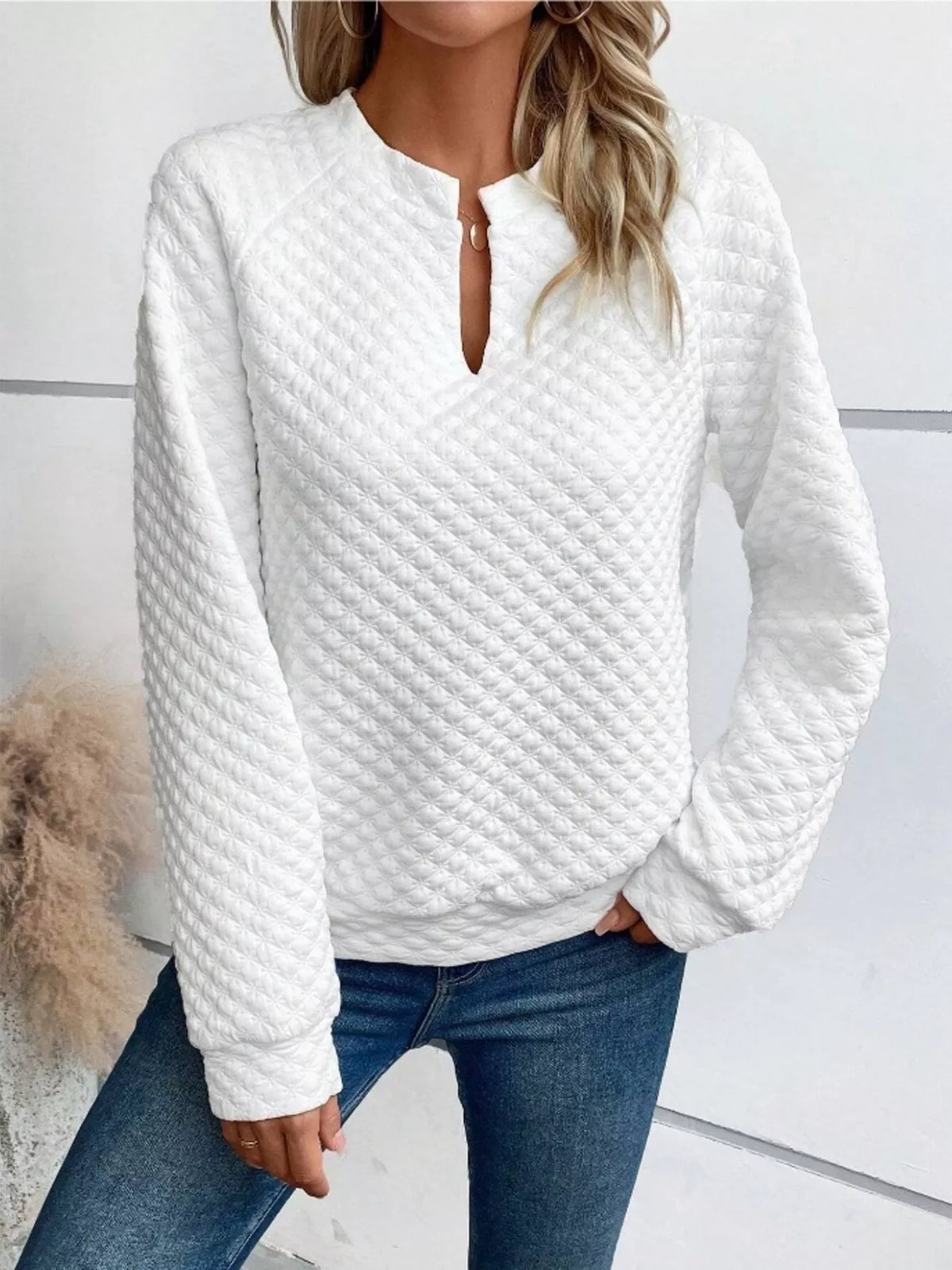 Quilted Texture Long Sleeve Sweatshirt Notched Neck (3)