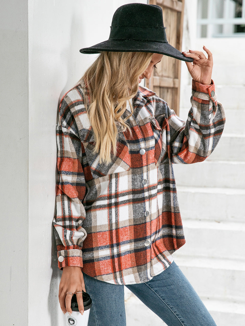 Meet You Outside Plaid Button Down Curved Hem Shacket (3)