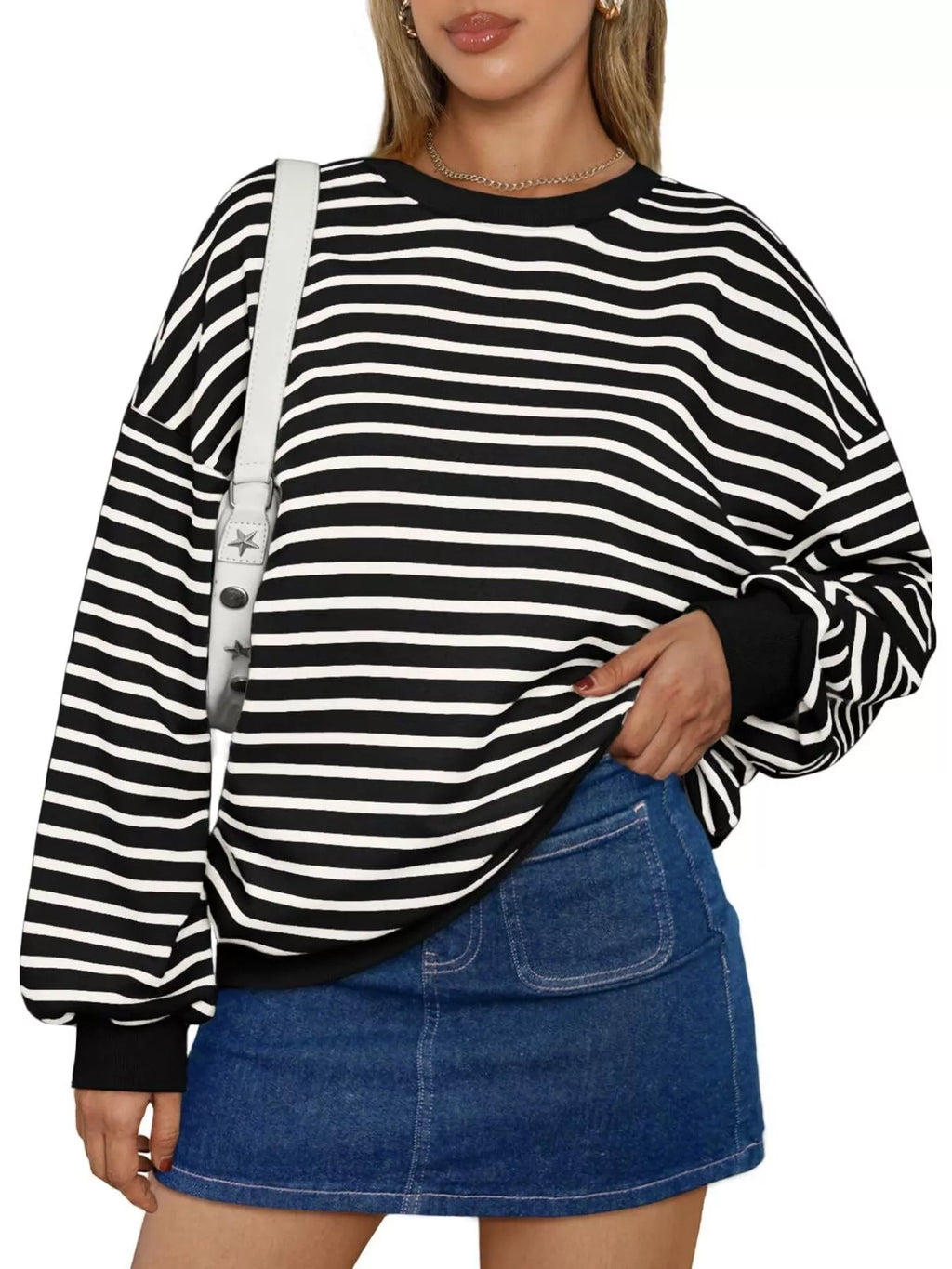 Striped Round Neck Oversized Casual Sweatshirt (10)