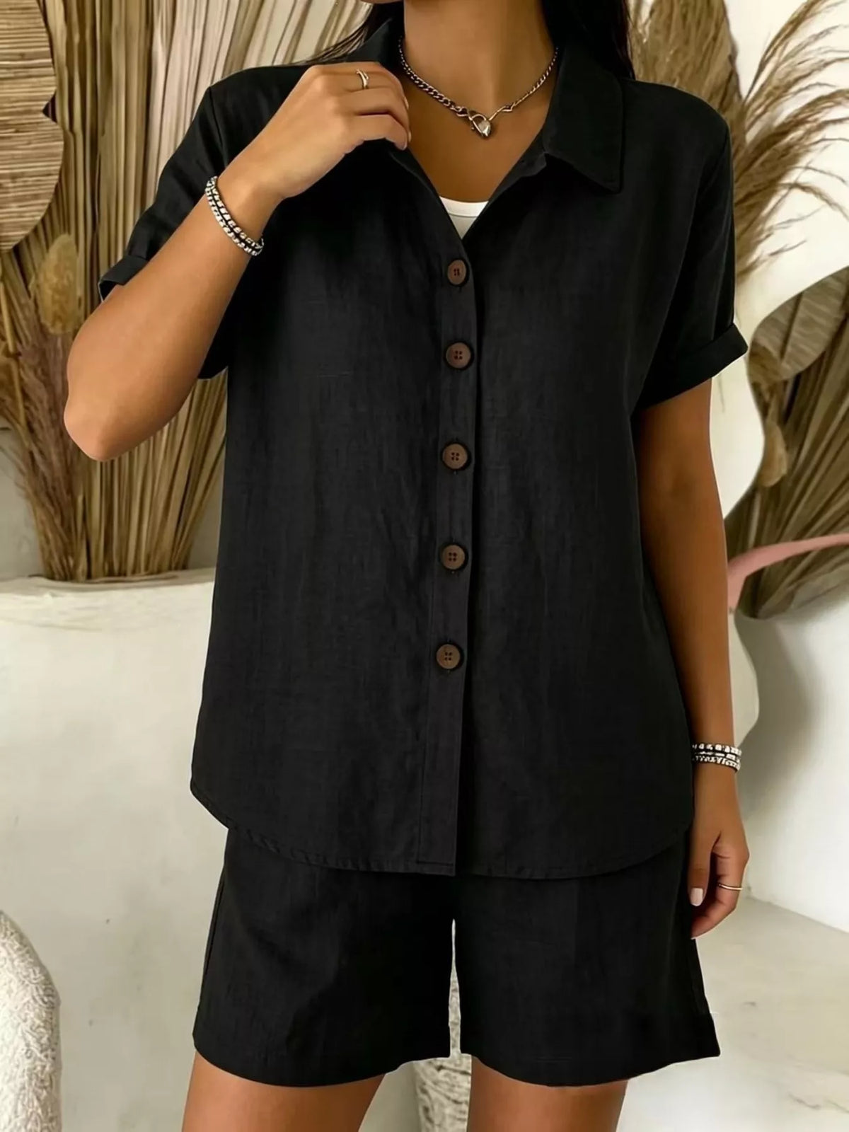 Full Size Button-up Shirt Shorts Set Plus (5)