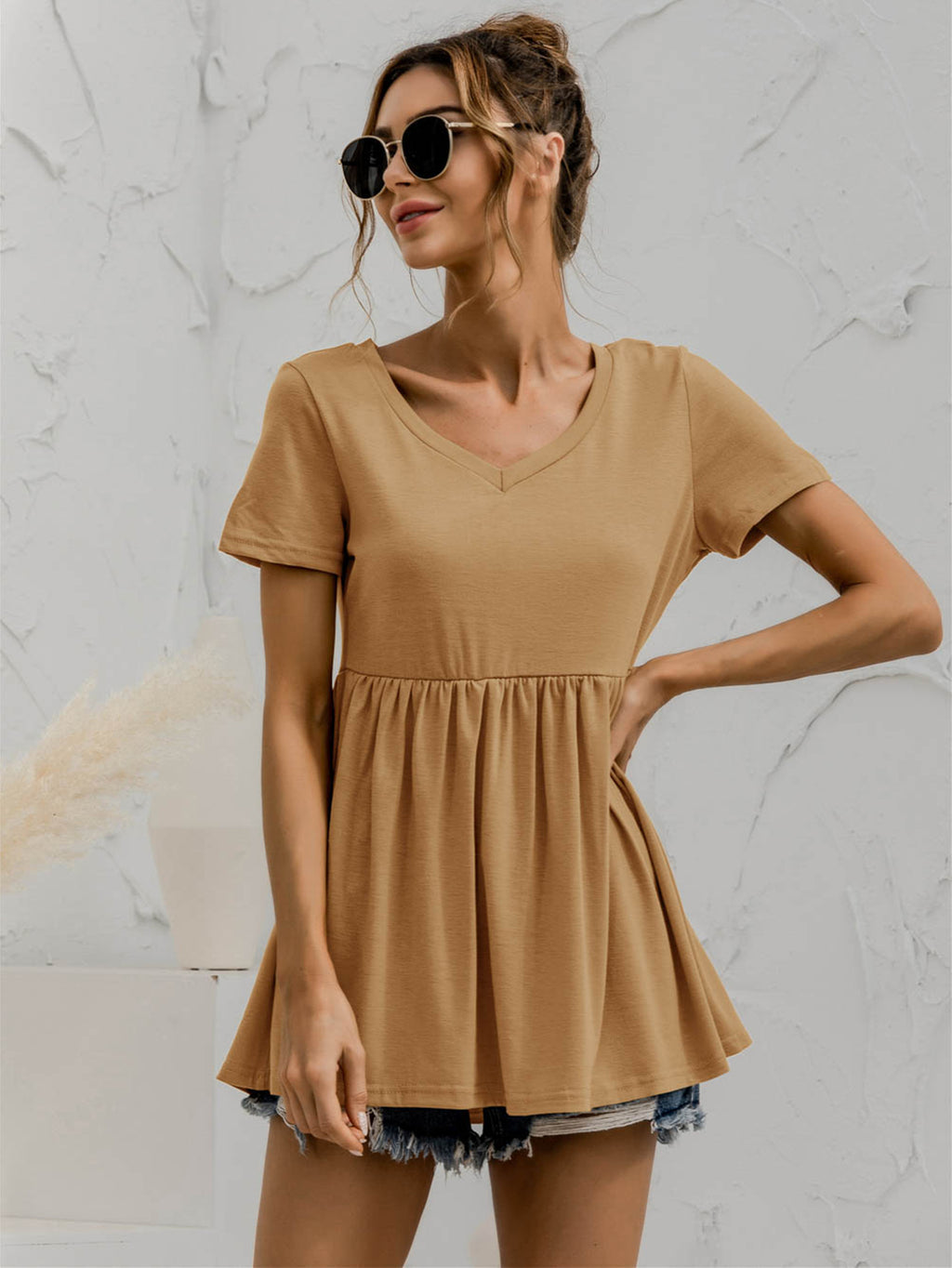 V-neck Short Sleeve Babydoll Top (4)