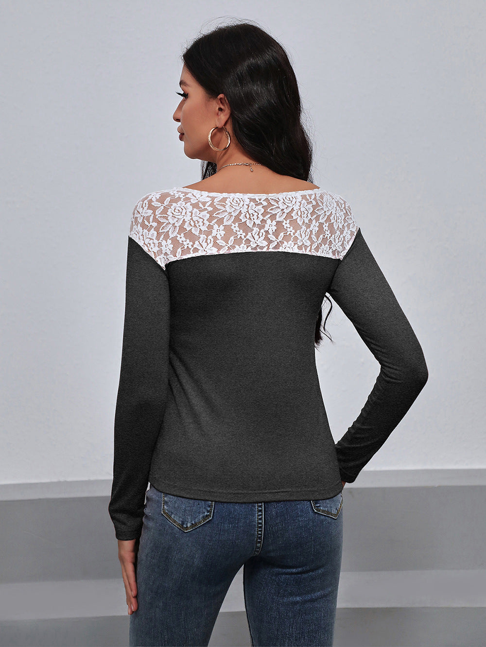 Lace Trim Long Sleeve Round Neck Tee (6)