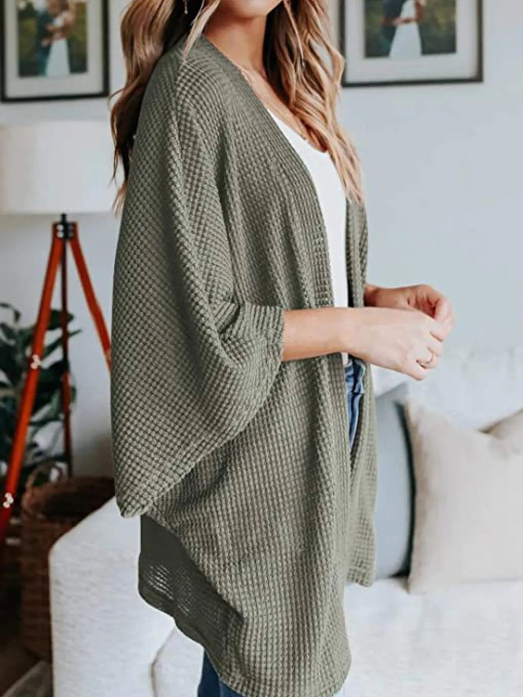 Full Size Open Front Waffle Knit Cardigan Plus (22)