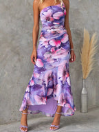 Floral Print One-shoulder Ruched Maxi Dress (2)