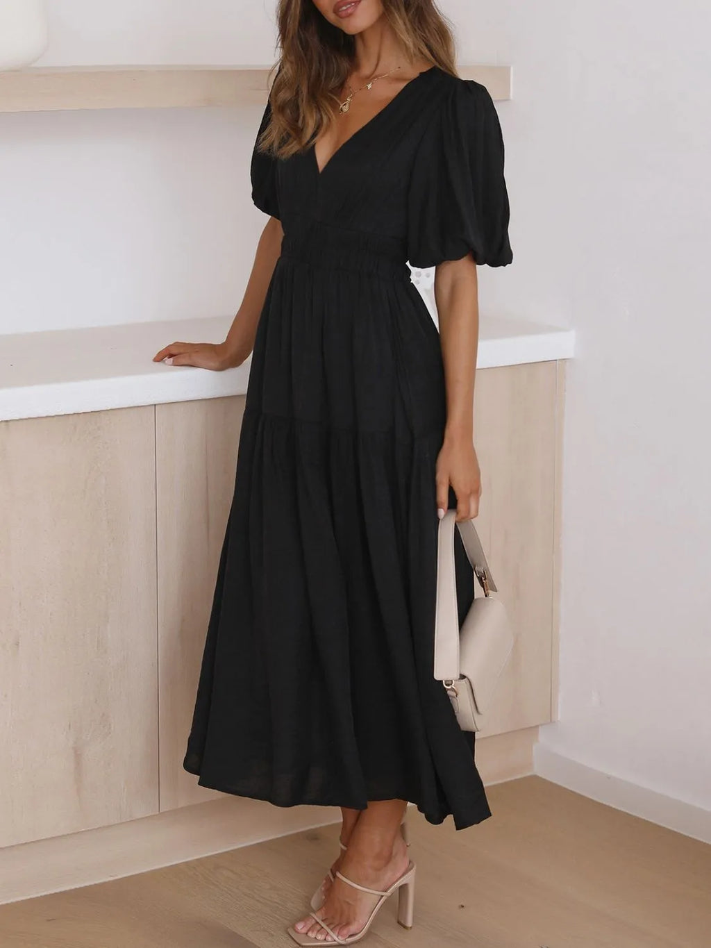 V-neck Puff Sleeve Midi Dress (17)