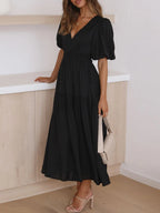 V-neck Puff Sleeve Midi Dress (17)