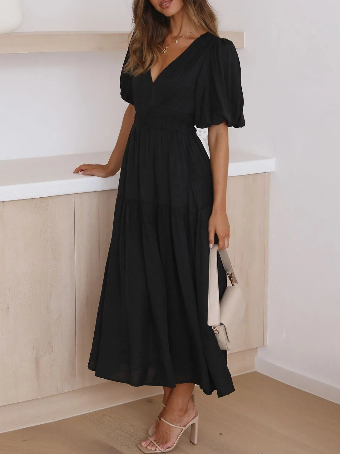 V-neck Puff Sleeve Midi Dress (17)