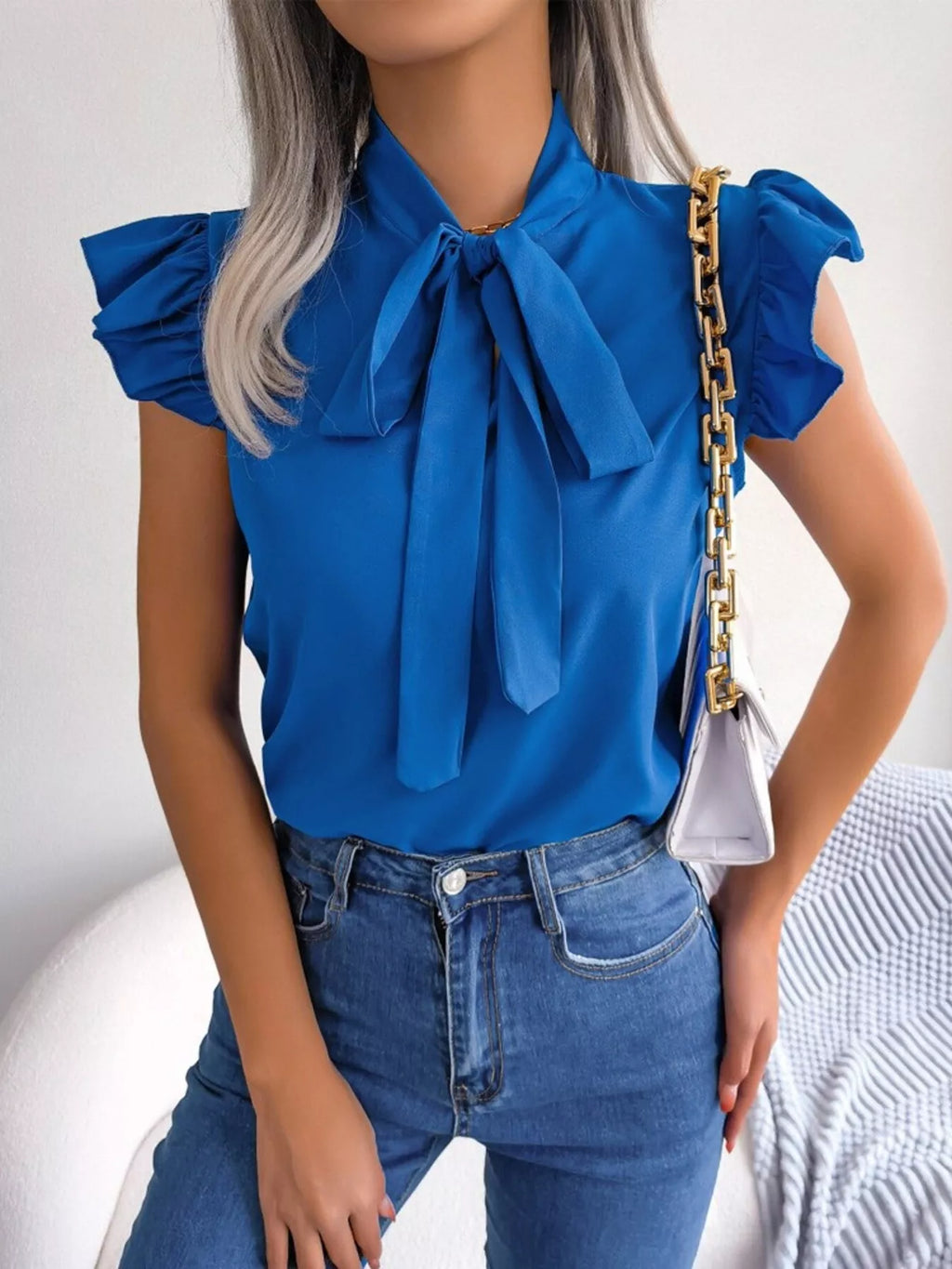 Bow Tie Ruffle Sleeve Blouse (16)