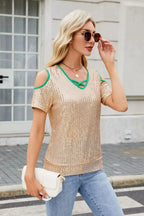Sequin Crisscross V-neck Cold Shoulder Blouse (15)