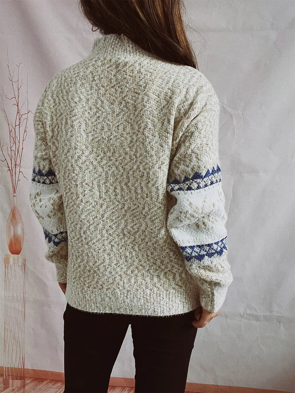 Geometric Mock Neck Dropped Shoulder Sweater (2)