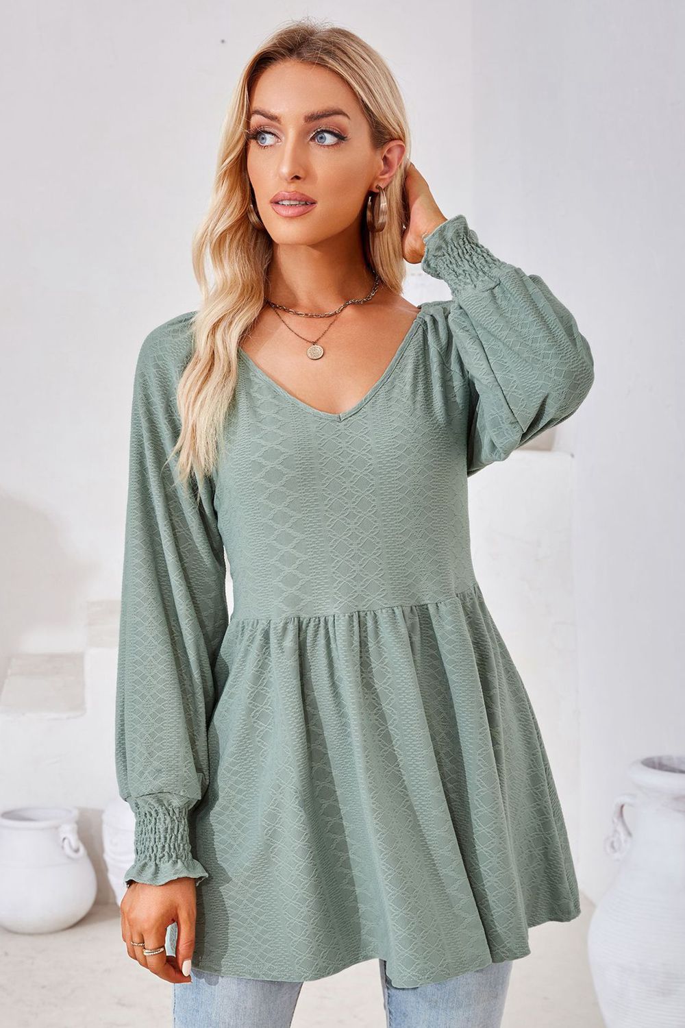 V-neck Lantern Sleeve Blouse (8)