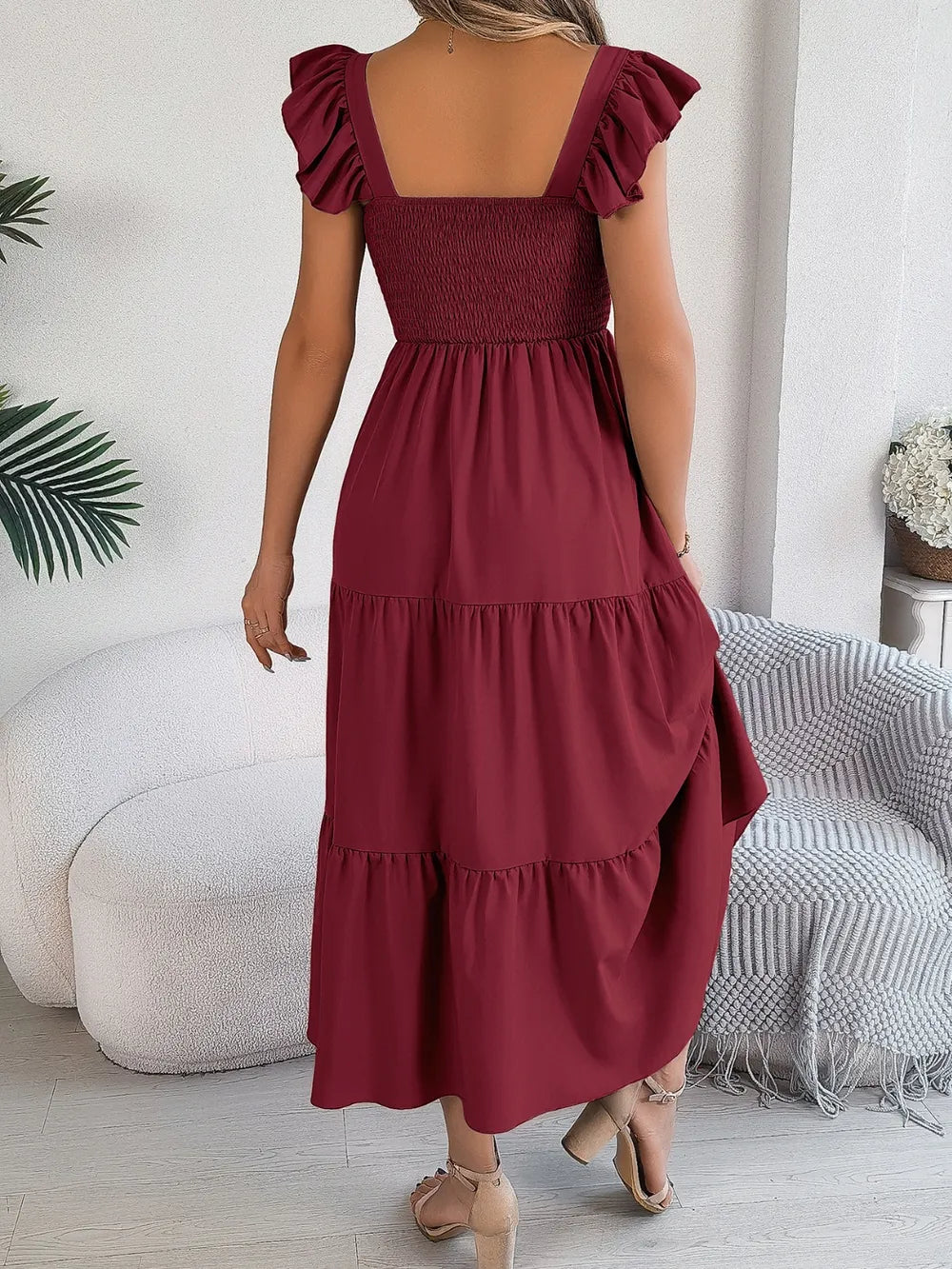 Smocked Square Neck Cap Sleeve Midi Dress (23)