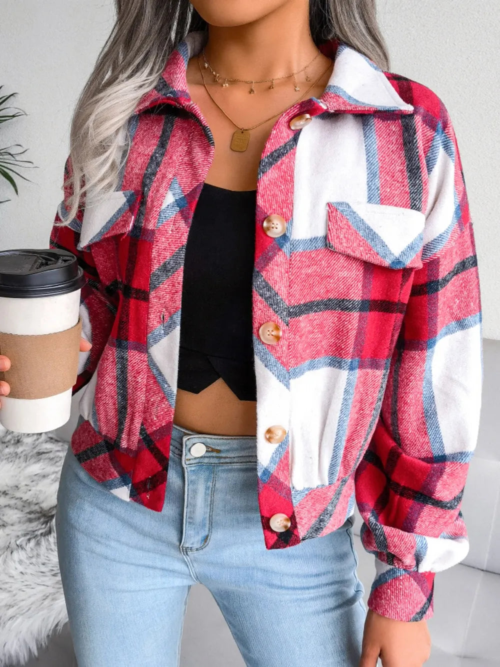 Plaid Collared Neck Long Sleeve Jacket (19)