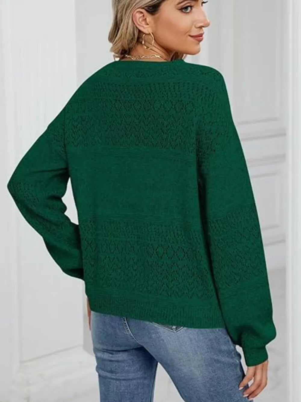 Eyelet V-neck Long Sleeve Sweater (4)