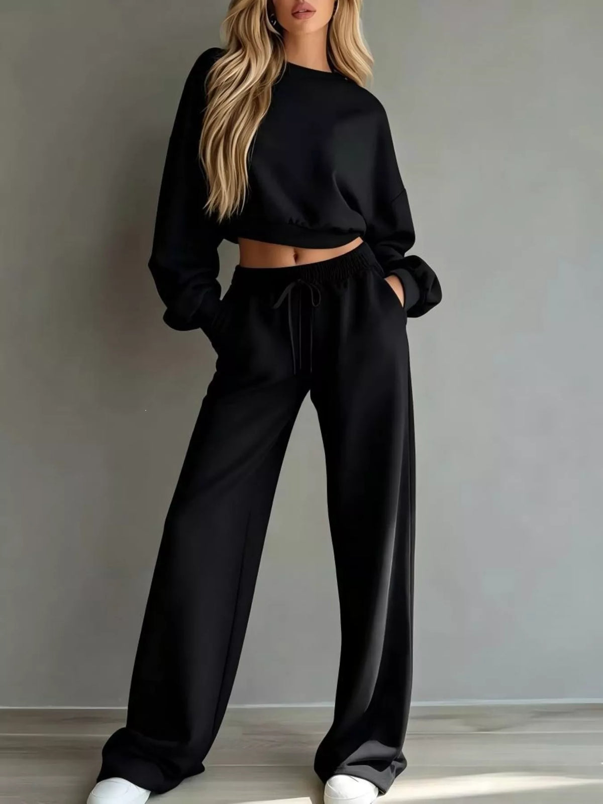 Round Neck Cropped Sweatshirt Wide-leg Pants Set (11)