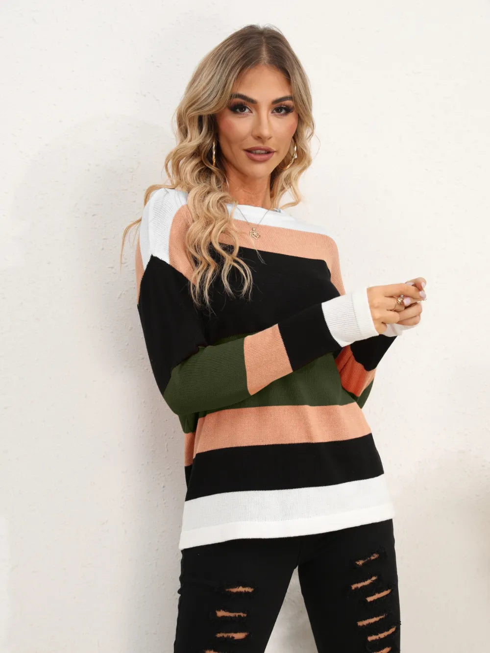 Striped Round Neck Dropped Shoulder Sweater (28)