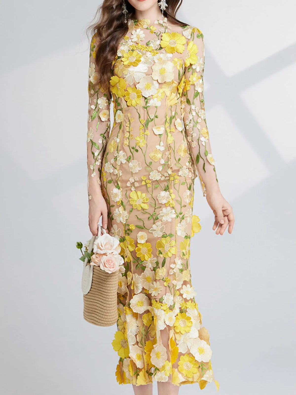 Floral Embroidered Mesh Long Sleeve Midi Dress (22)