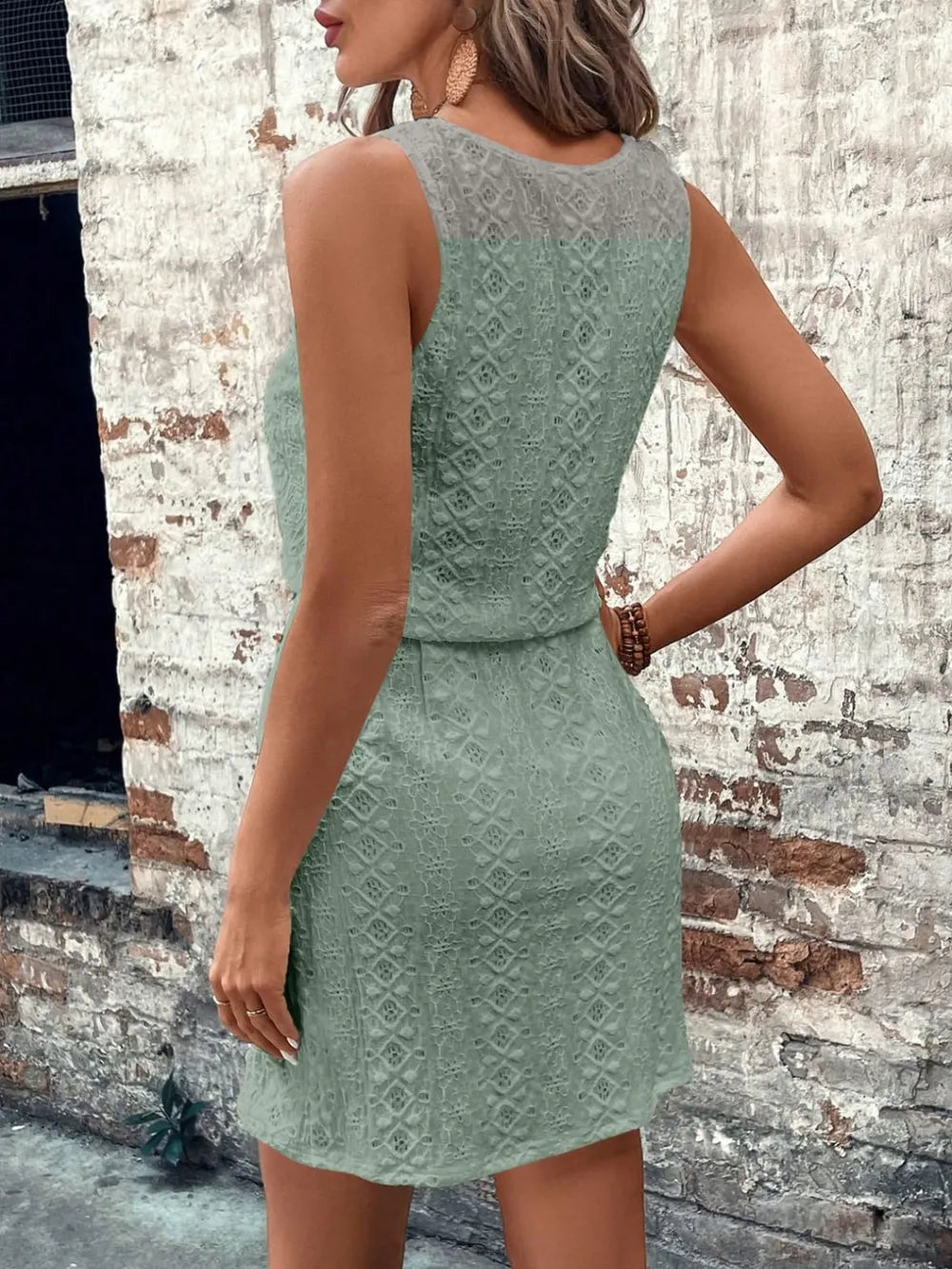 Eyelet Drawstring Round Neck Sleeveless Dress (15)