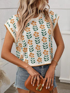 Flower Round Neck Short Sleeve Knit Top (13)
