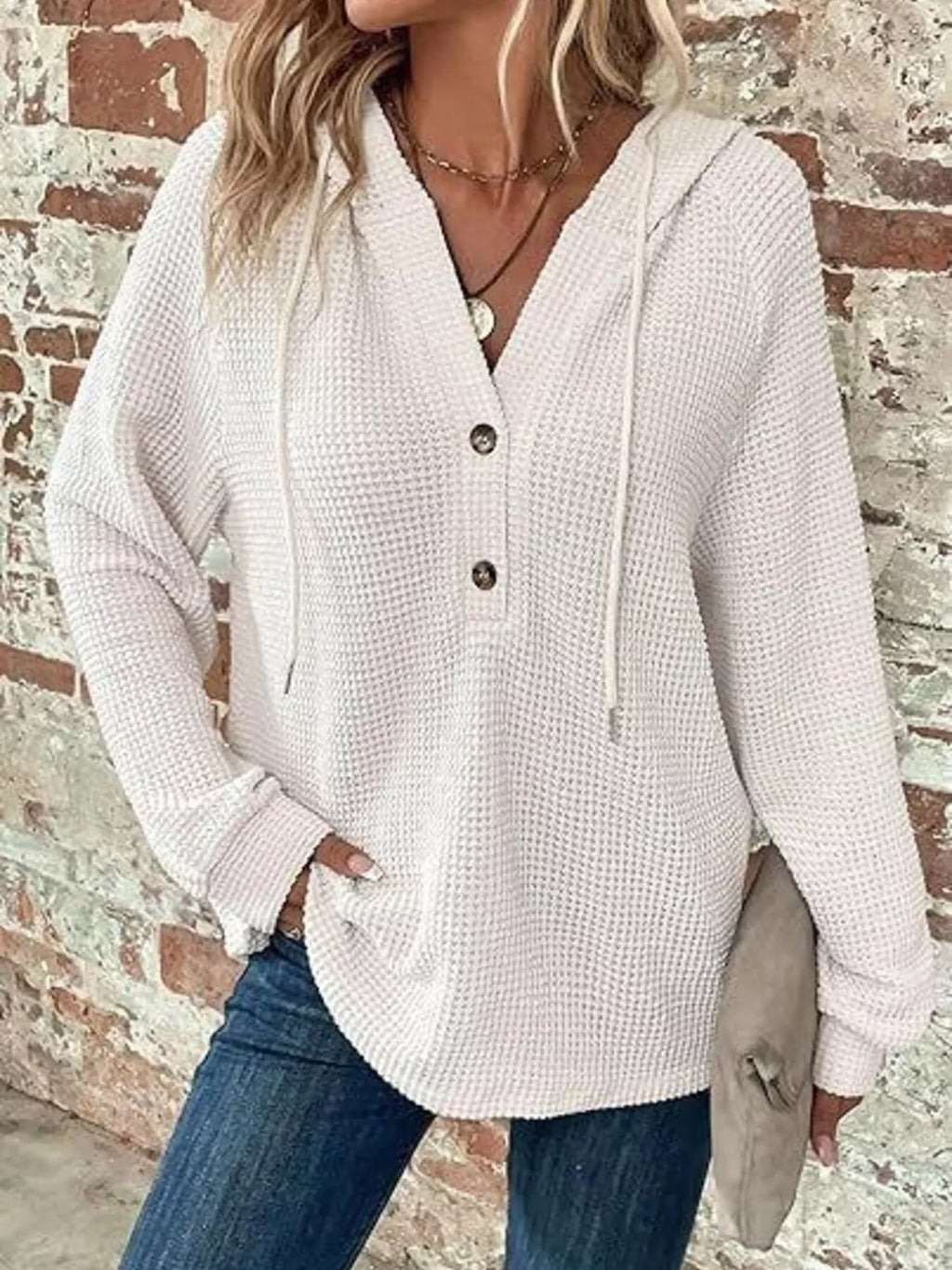 Full Size Waffle Knit Half-button Hoodie Plus