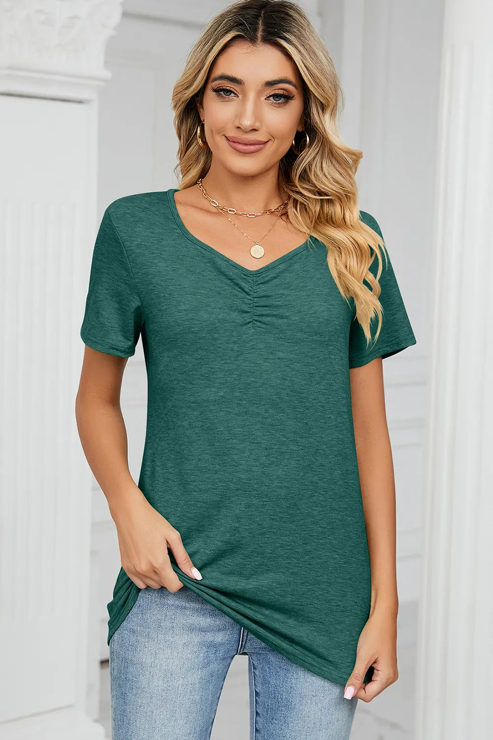 Ruched Heathered Short Sleeve T-shirt (14)