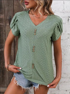 Eyelet V-neck Petal Sleeve T-shirt (17)