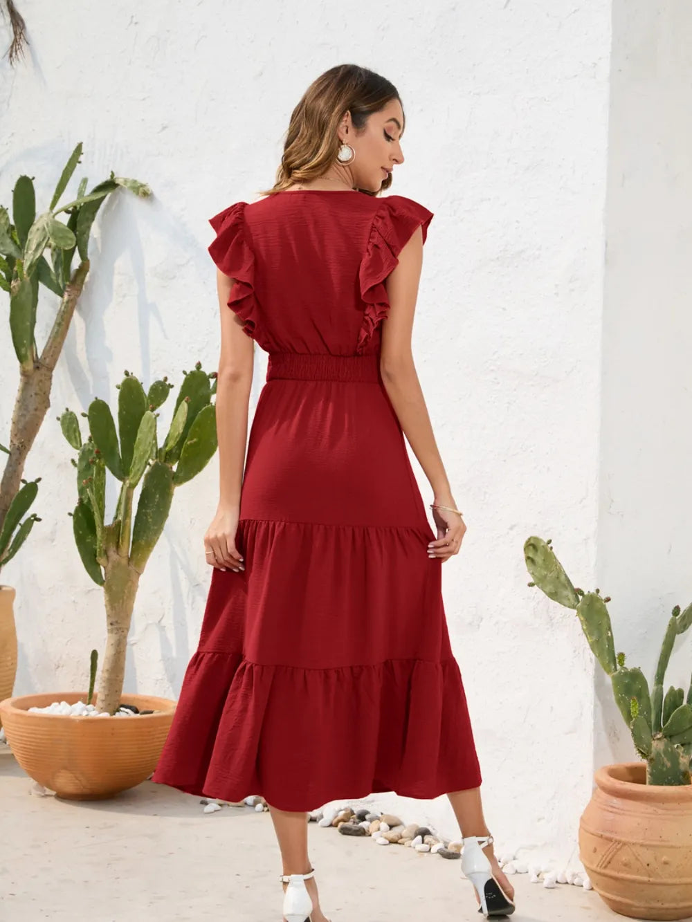 Tiered Ruffled V-neck Cap Sleeve Dress (2)