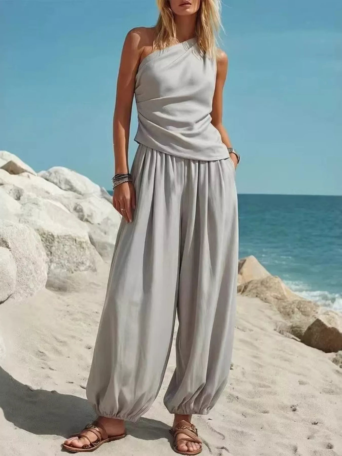 Full Size One-shoulder Top Wide-leg Pants Set Plus (5)