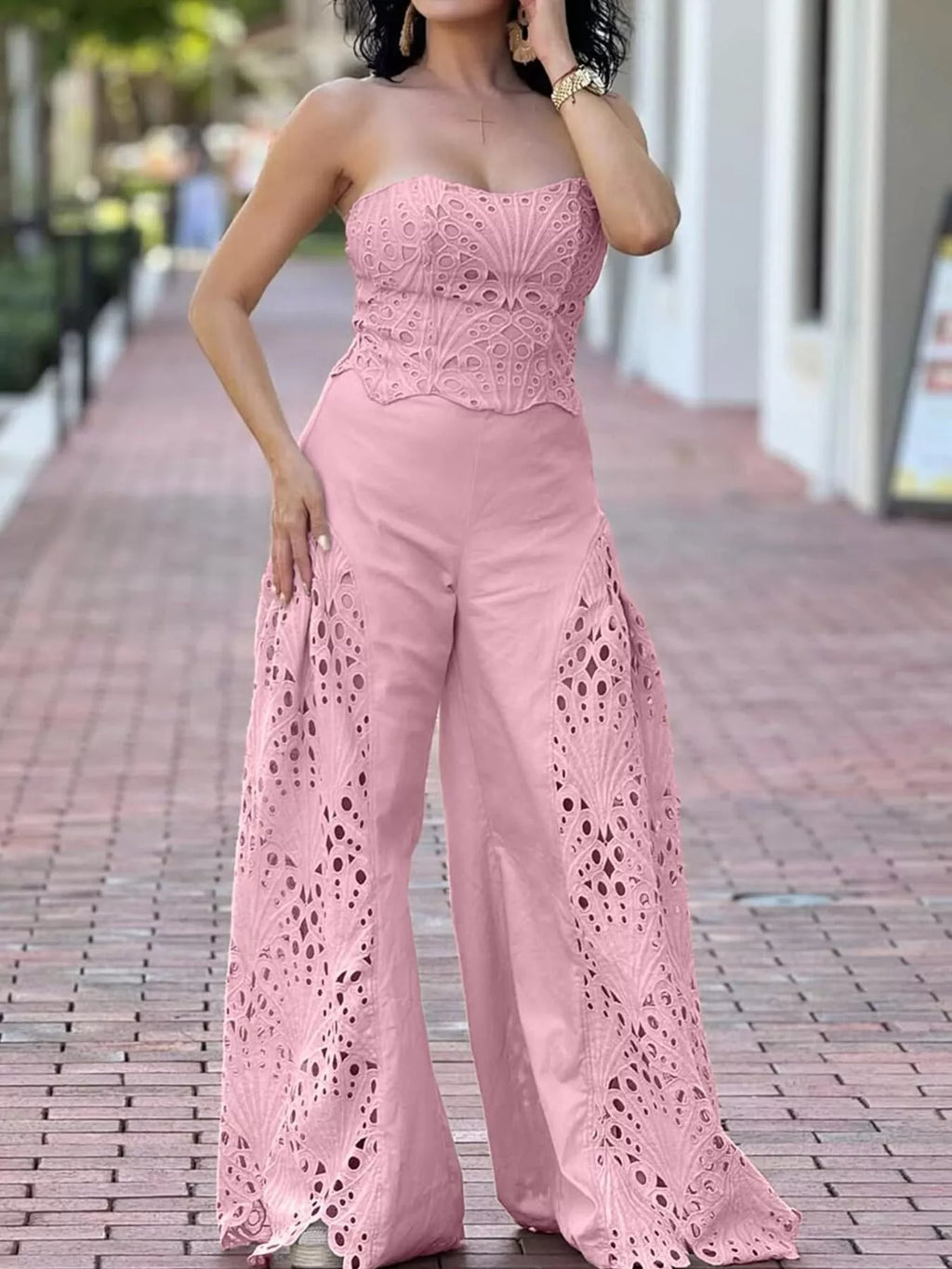 Hollow-out Tube Top Pants Two-piece Set