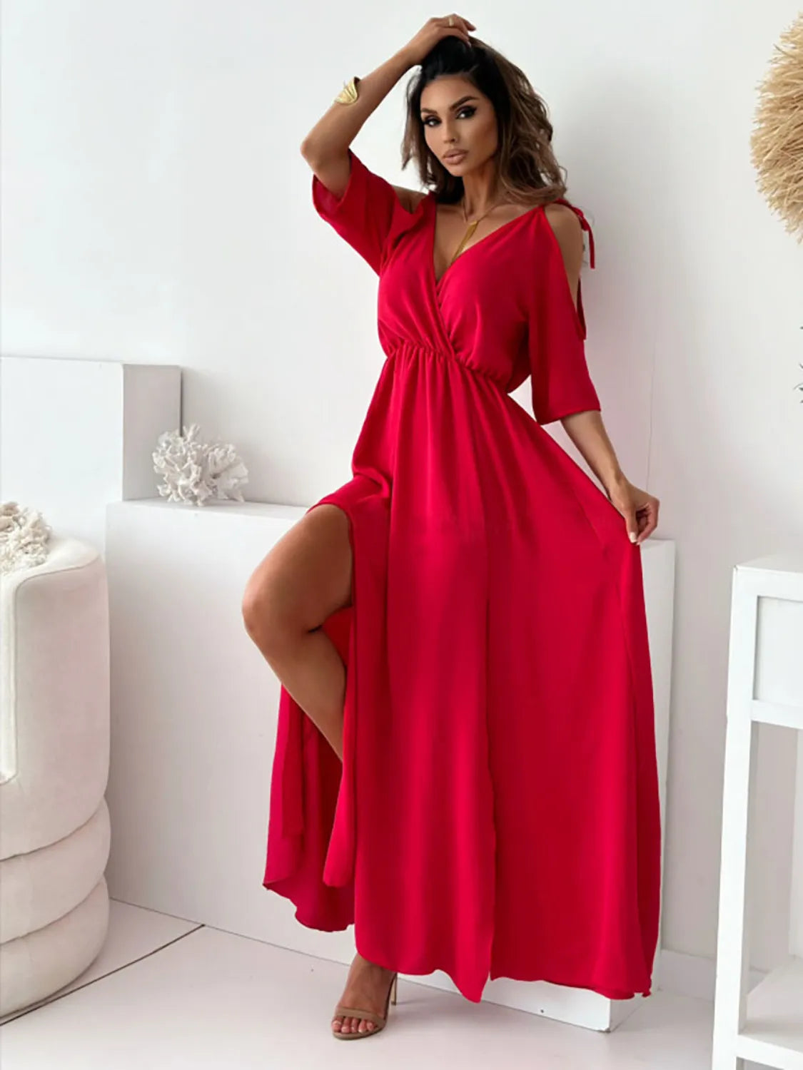 Tied Shoulder Slit Maxi Dress (7)