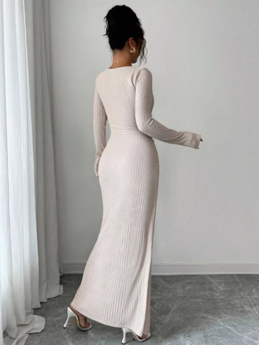 Slit Asymmetrical Neck Ribbed Maxi Dress (5)