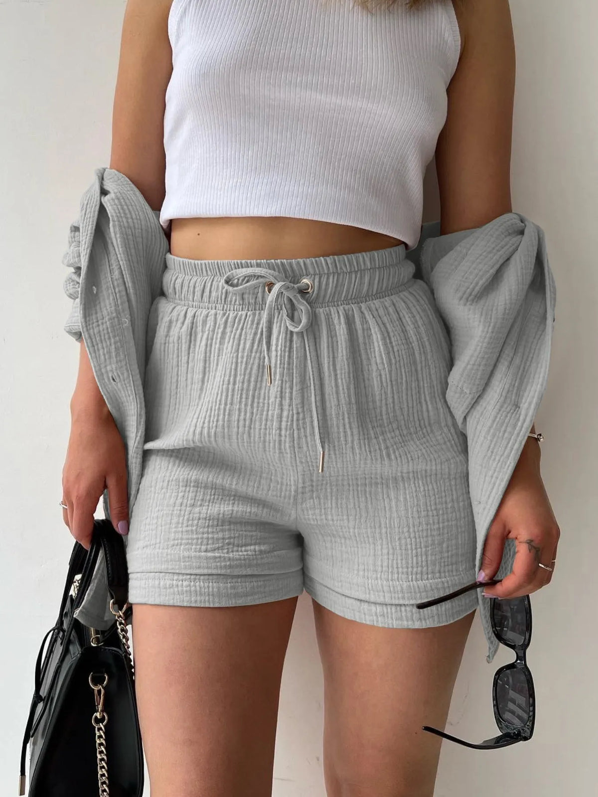 Textured Button Up Shirt Shorts Set (6)