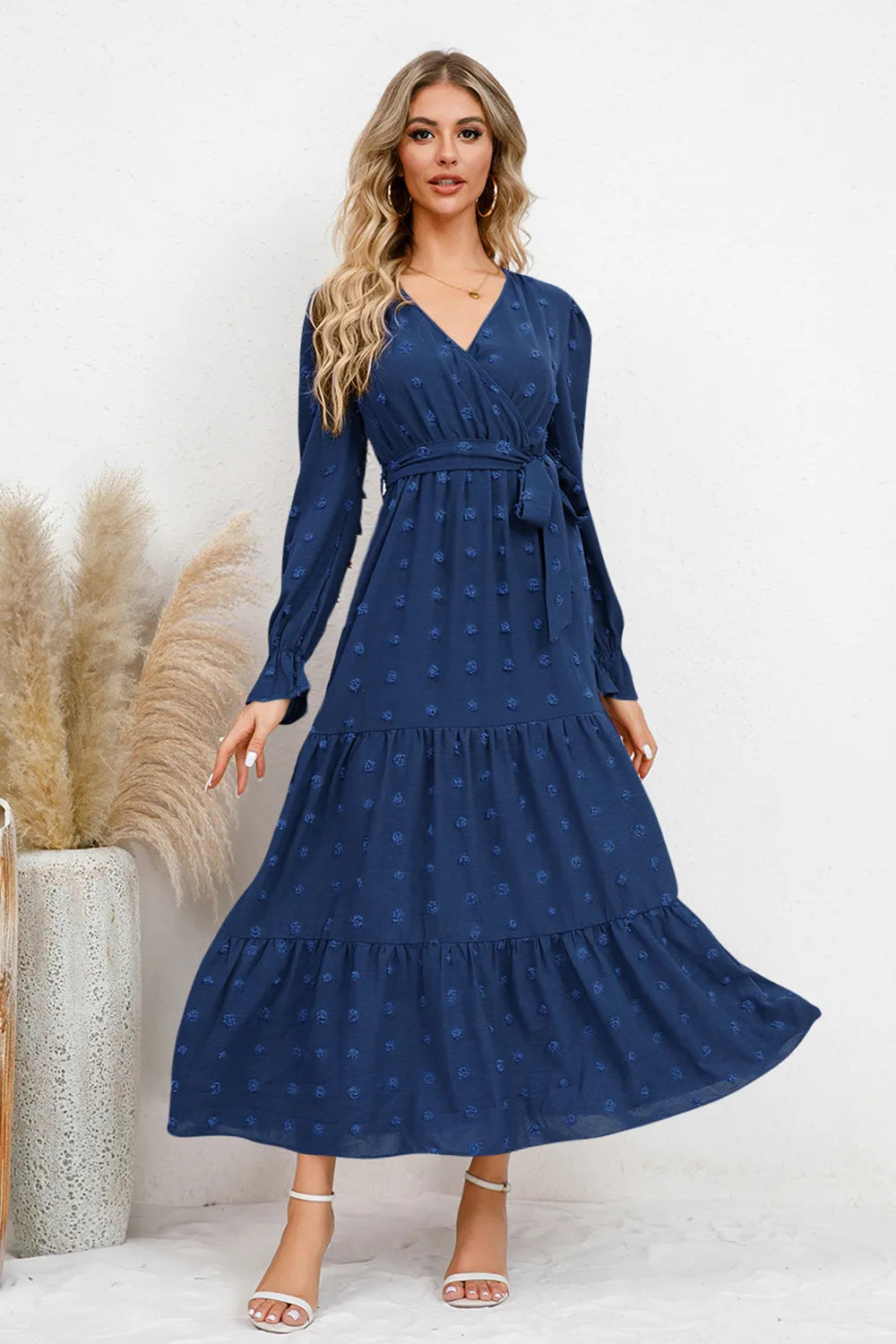Swiss Dot Tied Surplice Flounce Sleeve Dress (14)