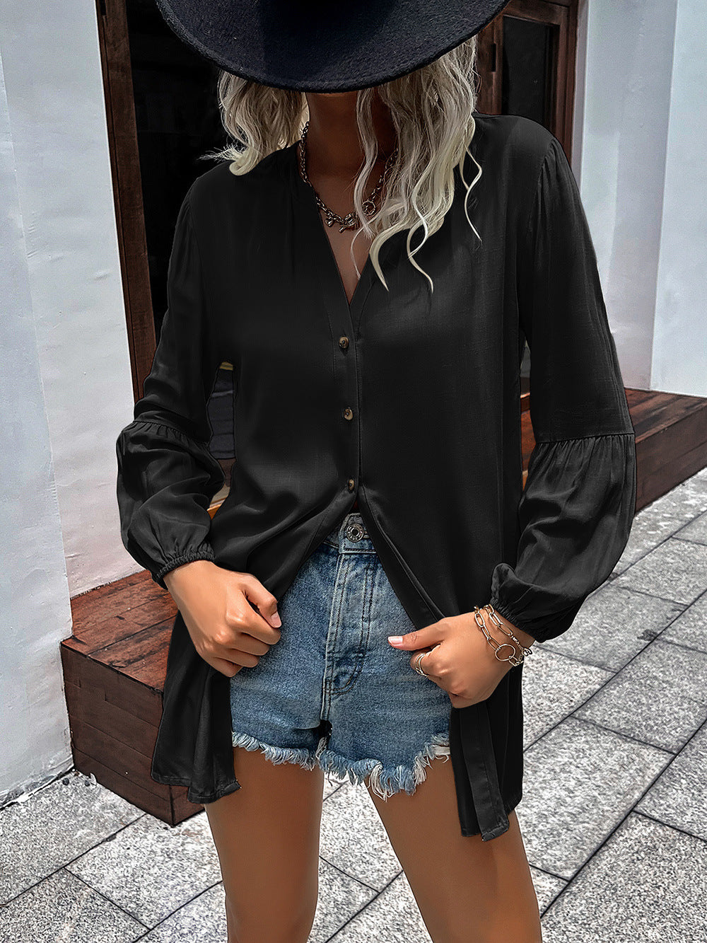 Notched Neck Balloon Sleeve Shirt (9)