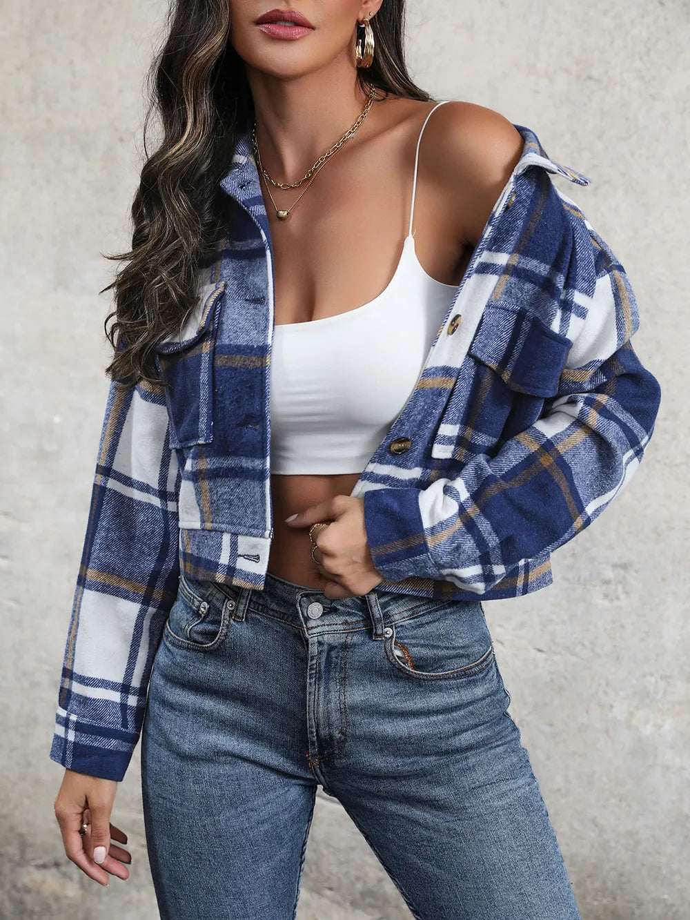 Plaid Button Up Drop Shoulder Cropped Jacket (12)