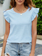 Plaid Ruffled Round Neck Cap Sleeve T-shirt