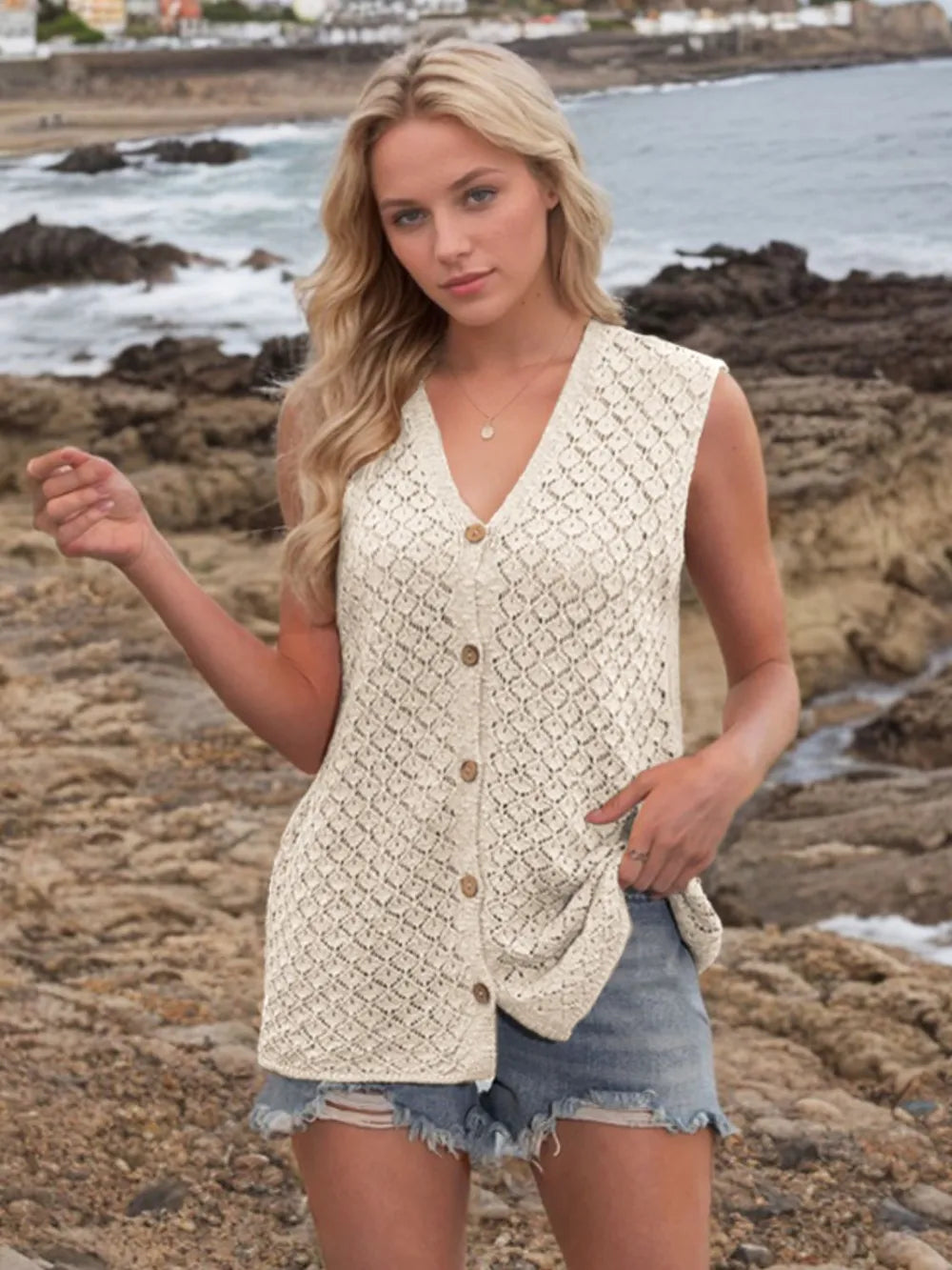 Button Down Eyelet V-neck Sweater Vest (3)