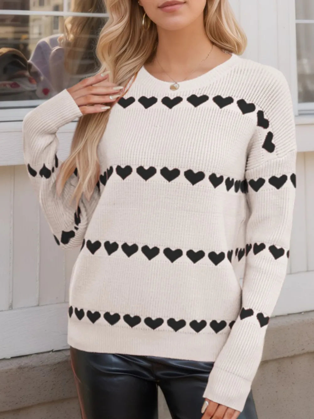 Heart Round Neck Long Sleeve Sweater (12)