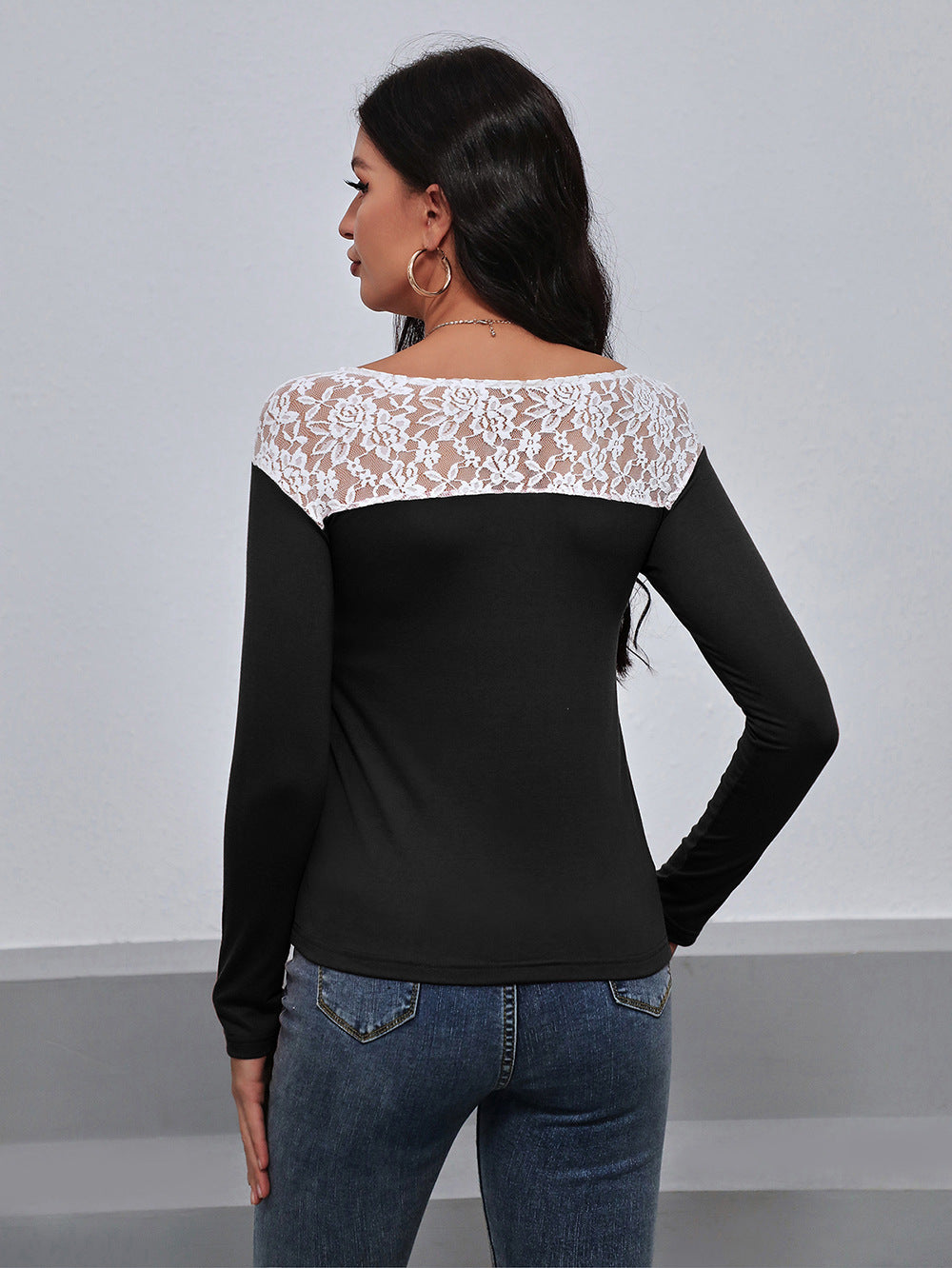 Lace Trim Long Sleeve Round Neck Tee (2)
