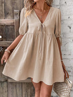 V-neck Tie-front Mini Dress Puff Sleeves
