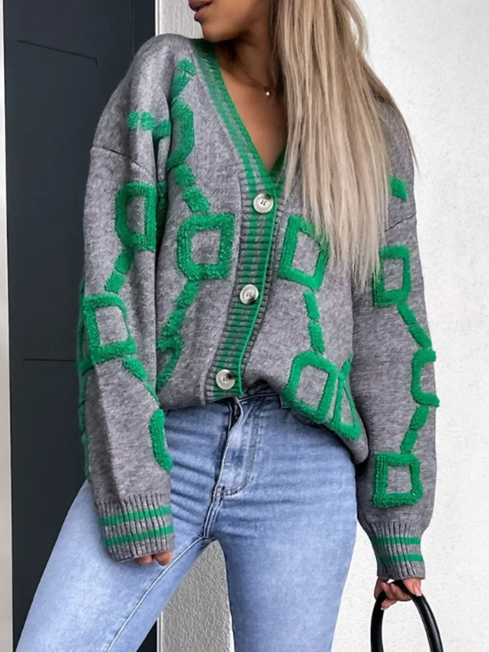 Geometric Dropped Shoulder Button Down Cardigan (10)