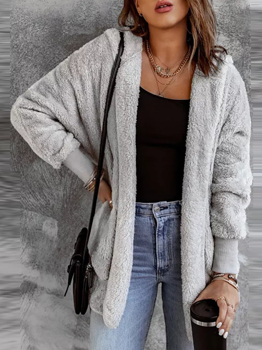 Open Front Hooded Faux Fur Outwear Pockets